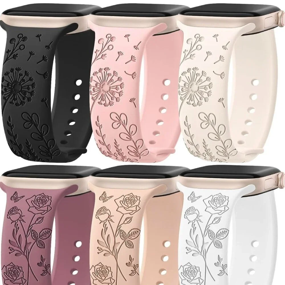 EOMTAM 6 Pack Floral Engraved Silicone Bands Compatible for Apple Watch